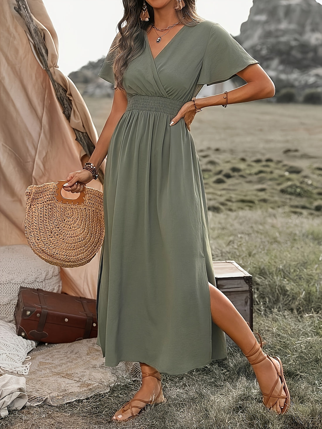 Sage Green Pleated Maxi Dress – V-Neck, Ruffle Sleeves, Elegant Slit