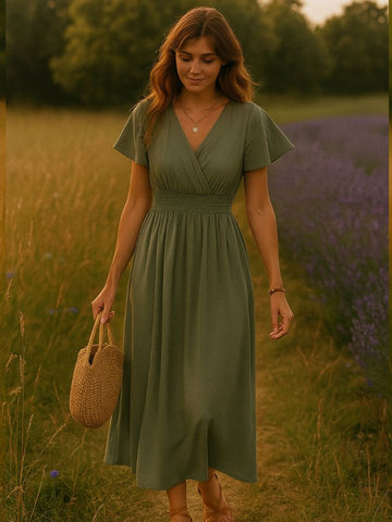 Sage Green Pleated Maxi Dress – V-Neck, Ruffle Sleeves, Elegant Slit