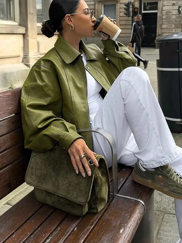 Loomora Green Leather Moto Jacket